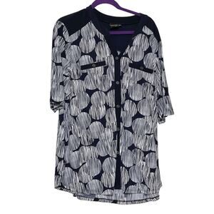Ellie McCarthy Blue‎ White Geometric Blouse Pull Over Faux Button Size 3X